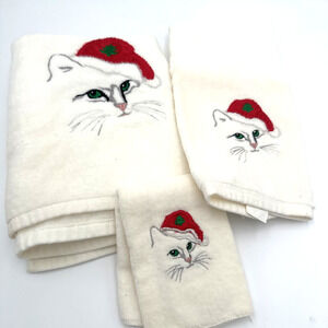Set Of 3 Vintage White Cat Embroidered Christmas Cat Towels